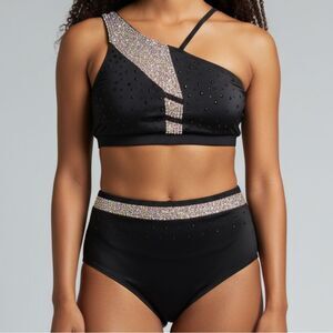 AA dance design costume black 2 piece rhinestoned custom  mesh cutout MA adult